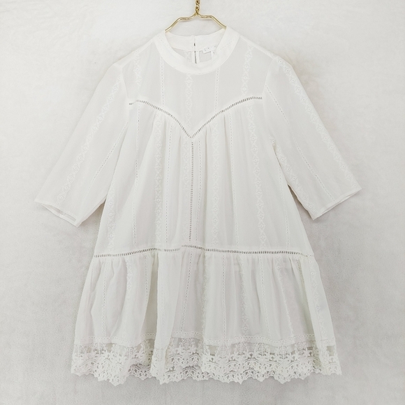 Leith White Polyester Half Sleeve Floral-Lace Mock Neck Blouse 3920 - Picture 1 of 8